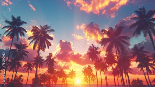 Low angle view of tropical palm trees on a sunset generative ai photo
