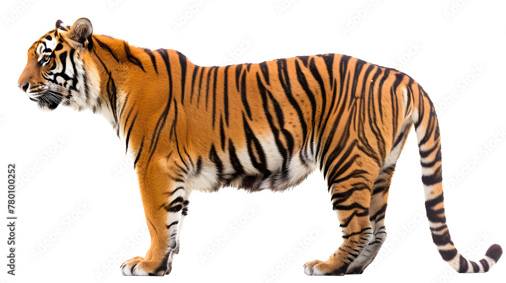 Side view, profile of a tiger standing, isolated on white
