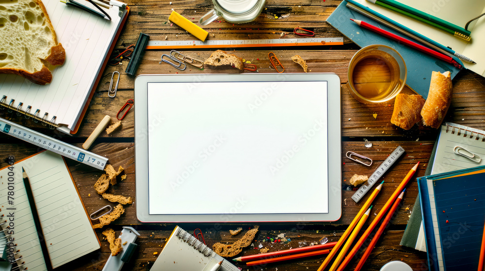 Wooden table topped with laptop computer surrounded by pencils and other office supplies. Wooden table topped with laptop computer surrounded by pencils and other office supplies.