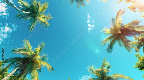 Low angle view of tropical palm trees over clear blue sky generative ai