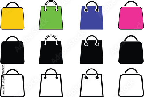 Set of colorful and black stylish women bags isolated on transparent background . Collection of luxury modern leather accessory  purses  clutches  hobo  handbag flat and line vector for apps or web