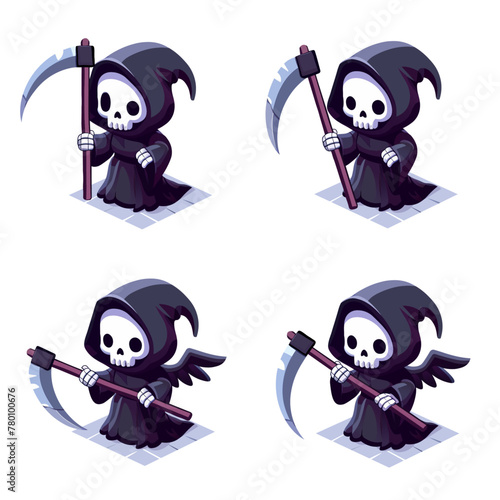 Isometric cute grim reaper with reaper scythe clip art isolated on white background, haunted halloween graphic resources, vector illustration.