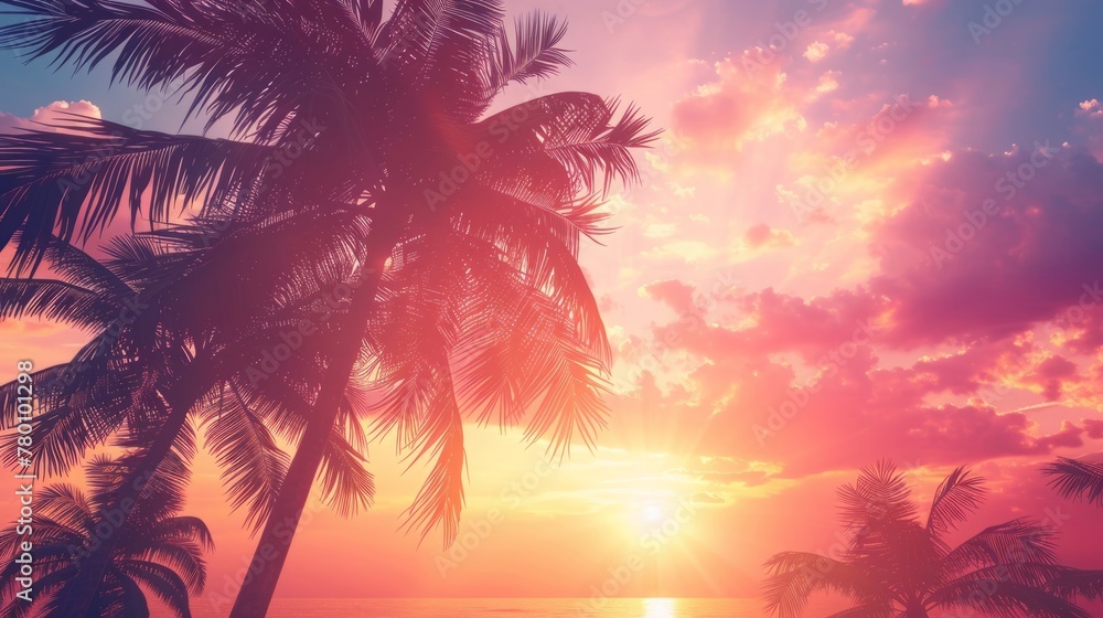 Low angle view of tropical palm trees on a sunset generative ai