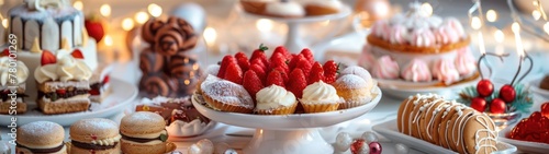 Table with plates of desserts such as cupcakes, cakes and donuts, garnished with fresh strawberries.