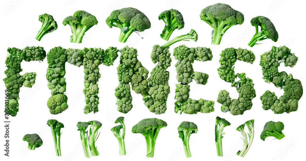 Fototapeta premium Broccoli Spelling Fitness on Green Background. Transparent PNG Background