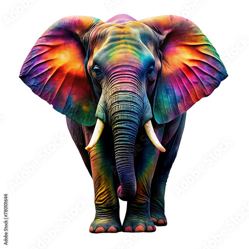 Elephant, decorated with bright colored paints, close-up, isolated on a transparent background.