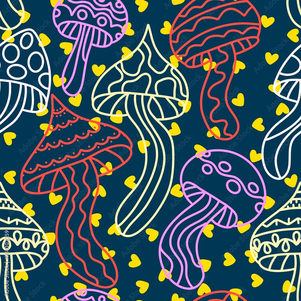 Fototapeta premium Cartoon autumn harvest seamless neon Halloween mushrooms with skulls pattern for wrapping paper and fabrics