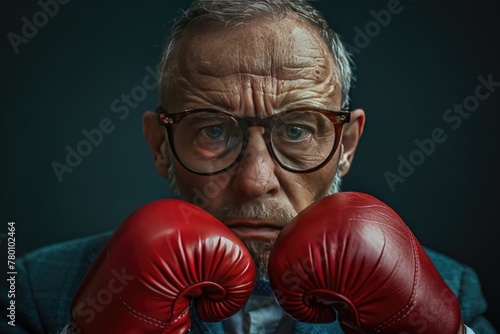 Handsome frowning businessman wearing boxing gloves is on the attack