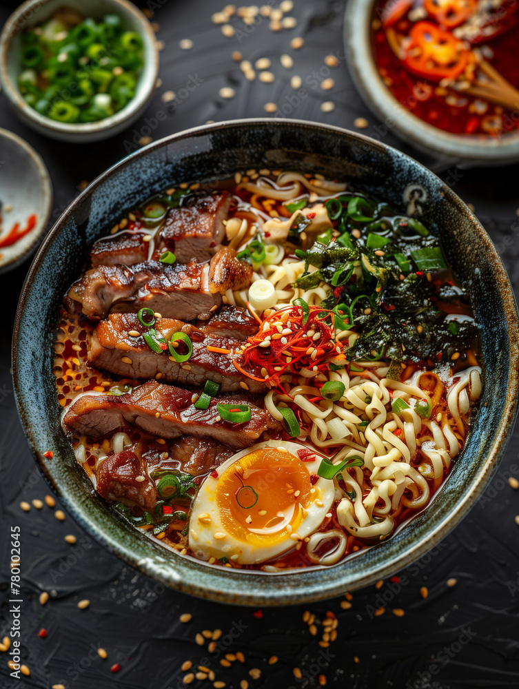 delicious japanese braised pork ramen in a dark grey bowl delicious japanese braised pork ramen in a dark grey bowl