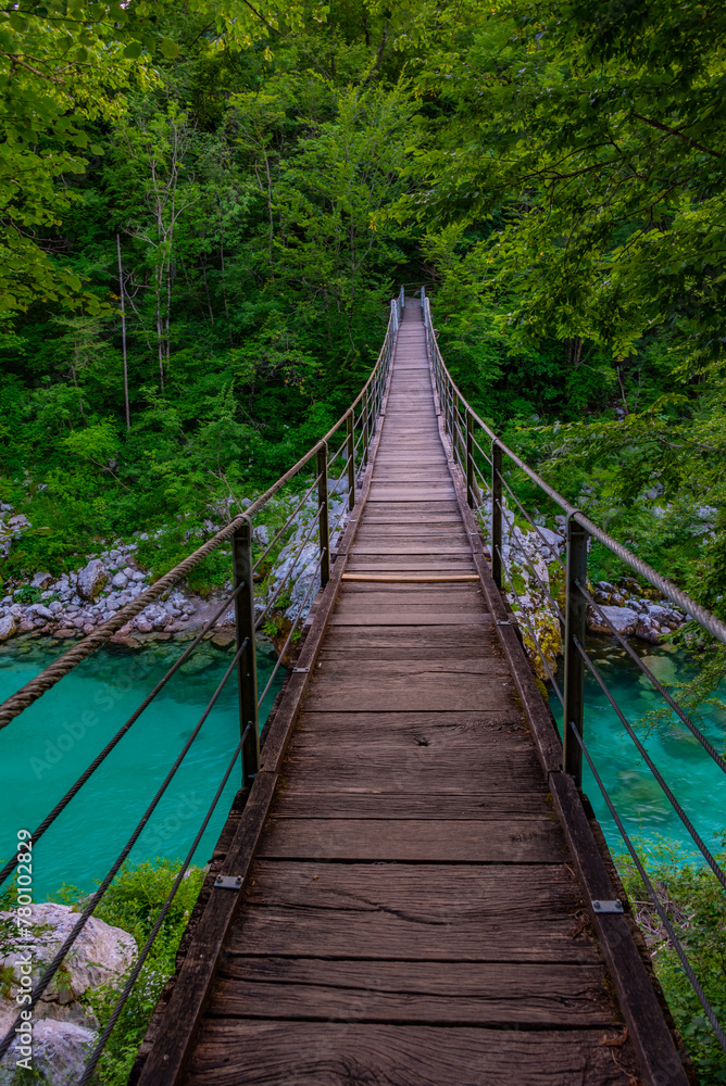 wooden bridge over soca river in Slovenia wooden bridge over soca river in Slovenia