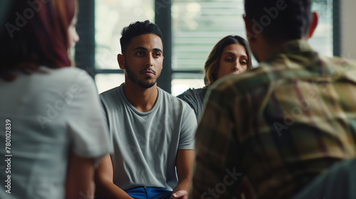 adult looking concerned in a group therapy session photo