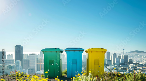  three colorful recycling bins placed against a cityscape under a clear sky. Each bin corresponds to a different type of recyclable material