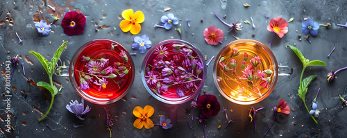 Natural aromatic flower tea in transparent cup among colorful flowers on gray background. Herbal tea with wildflowers for health. Herbal medicine and homeopathy concept. Folk medicine banner, poster