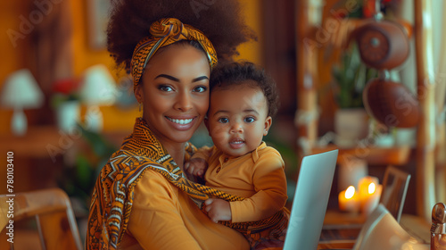 Yung woman working at desk at home using laptop, holding baby on her lap.