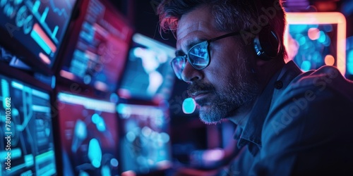 A man wearing glasses is looking at a computer screen with multiple monitors