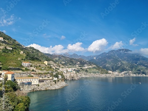 Beautiful view of Amalfi on the Mediterranean coast with lemons in the foreground, Italy

