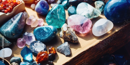 A table full of colorful stones and crystals