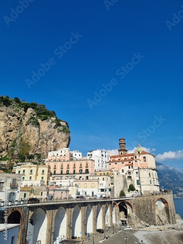 Panoramic view of small town Atrani on Amalfi Coast in province of Salerno, Campania region, Italy. Amalfi coast is popular travel and holyday destination in Italy. 
