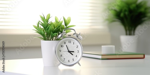 A white alarm clock sits on a table next to a potted plant