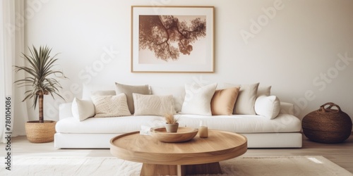 A living room with a white couch and a brown framed picture on the wall