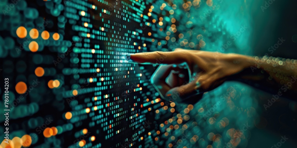 A hand pointing at a screen with a lot of dots A hand pointing at a screen with a lot of dots