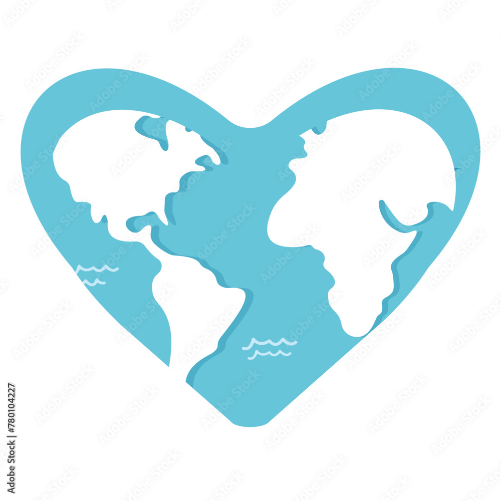 A world globe in the shape of a heart symbol. Concept for loving travel, or loving the world and Earth Day. Flat Style. Vector