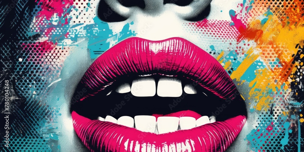 A colorful painting of a woman's lips with a pink lip liner