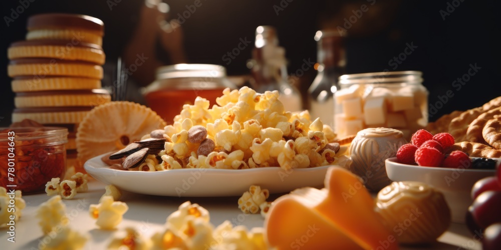 Naklejka premium A table with a white plate of popcorn and other snacks