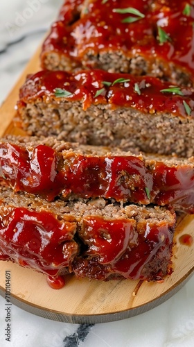 A homemade meatloaf made from chuck and sirloin with fresh vegetables and a variety of seasonings with classic ketchup and English glaze. Meatloaf on a wooden plate on a marble table.