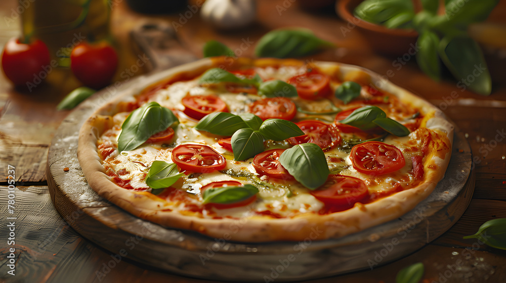 Fresh Margherita Pizza with Basil on Wooden Table