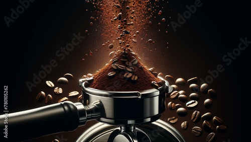 ground coffee cascades into a portafilter from a grinder