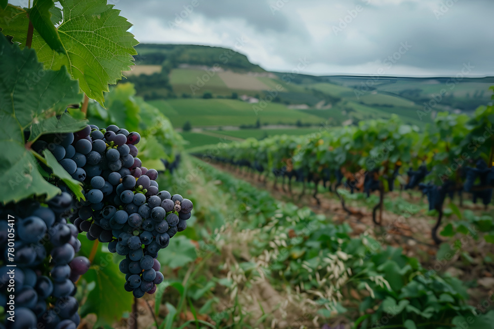 Photo of a grape valley in Burgundy, France. Grape clusters in close-up. The focus is in the foreground.