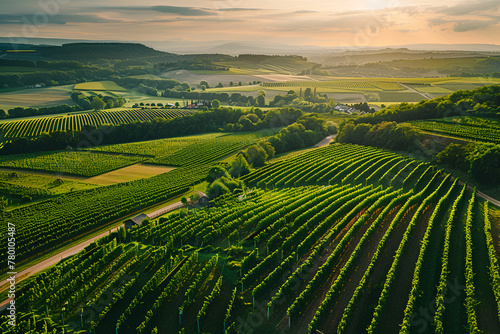 Photo of a valley of vineyards in Burgundy, France. General plan of the landscape and bird's eye view