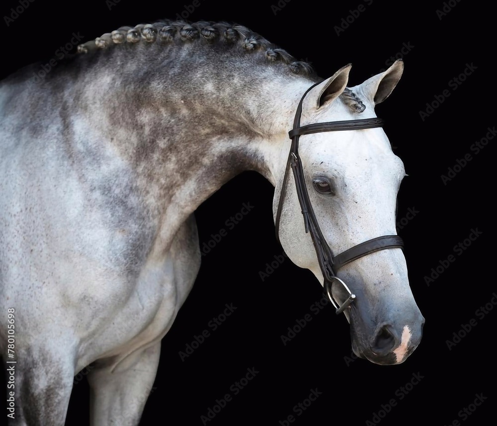 Obraz premium Elegant horse portrait on black backround. horse head isolated on black. Portrait of stunning beautiful horse isolated on dark background. horse portrait close up on black background.studio shot . 