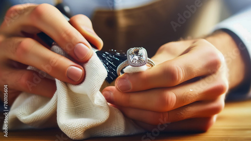jeweller meticulously cleaning a diamond ring with a soft fabric cloth photo