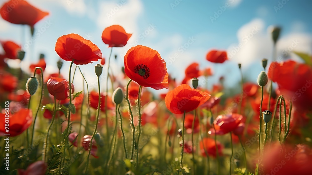 Obraz premium Captivating Nature's Ballet: Vibrant Red Poppies Swaying Gracefully in the Gentle Breeze, A Mesmerizing Symphony of Movement and Color
