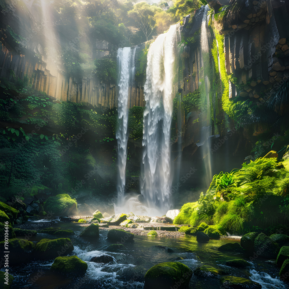 Spellbinding Display of a Verdant Forest and Cascading Waterfall Bathed in Scattered Sunlight