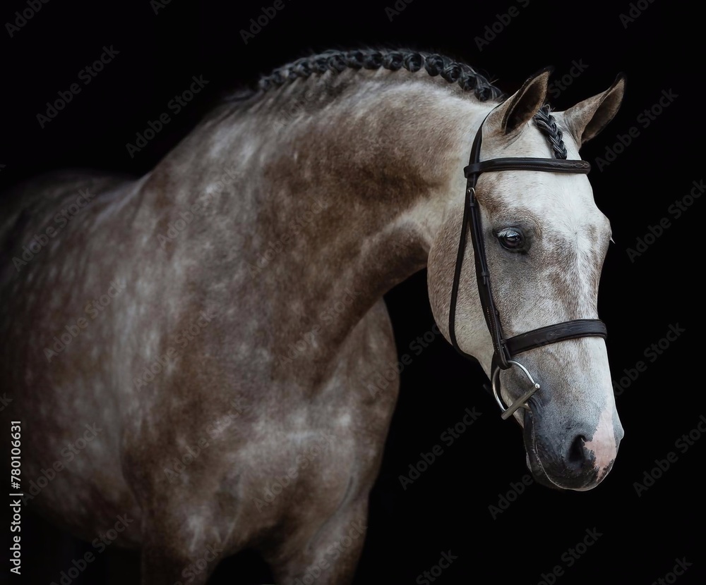 Fototapeta premium Elegant horse portrait on black backround. horse head isolated on black. Portrait of stunning beautiful horse isolated on dark background. horse portrait close up on black background.studio shot .