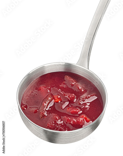 Traditional borscht in ladle, beetroot soup borsch isolated on white background, full depth of field