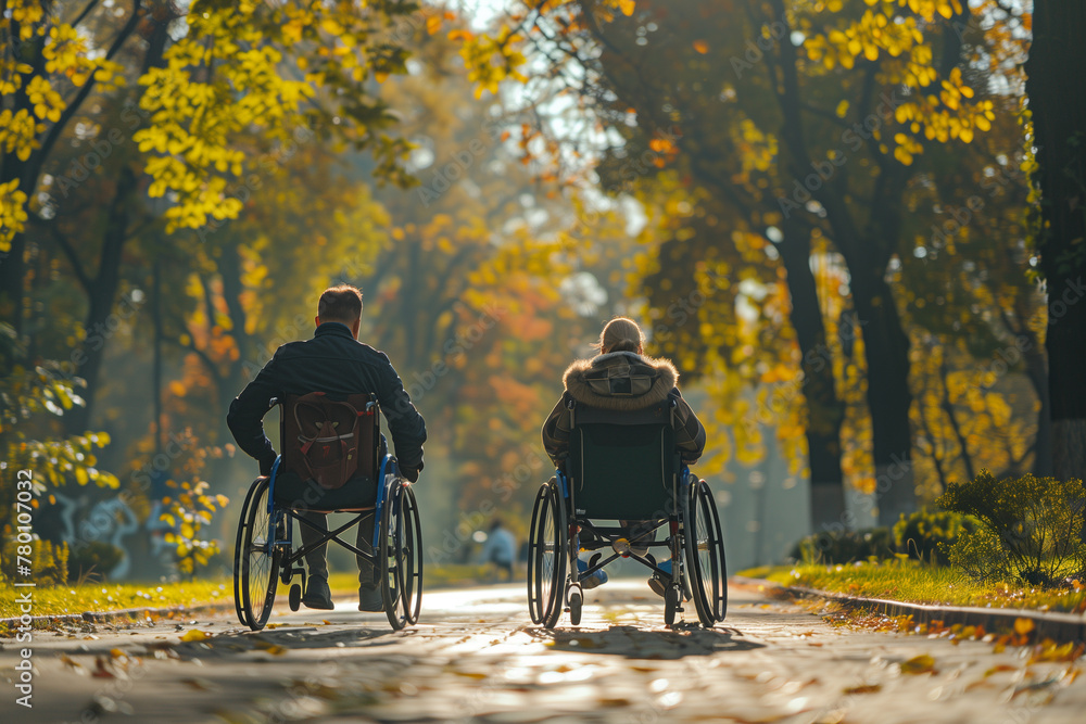 Obraz premium Couple in Wheelchairs on Road