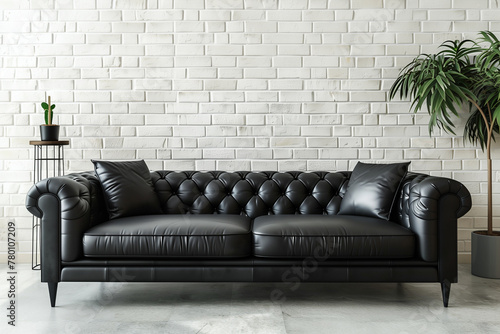 Black Leather Couch Against White Brick Wall