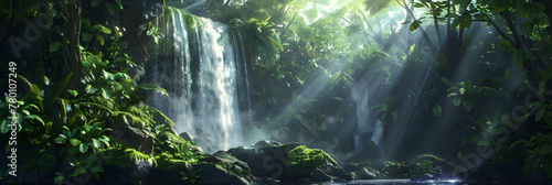 Spellbinding Display of a Verdant Forest and Cascading Waterfall Bathed in Scattered Sunlight