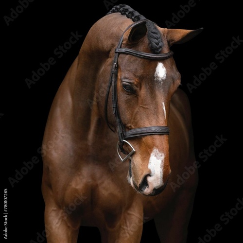 Elegant horse portrait on black backround. horse head isolated on black. Portrait of stunning beautiful horse isolated on dark background. horse portrait close up on black background.studio shot . 