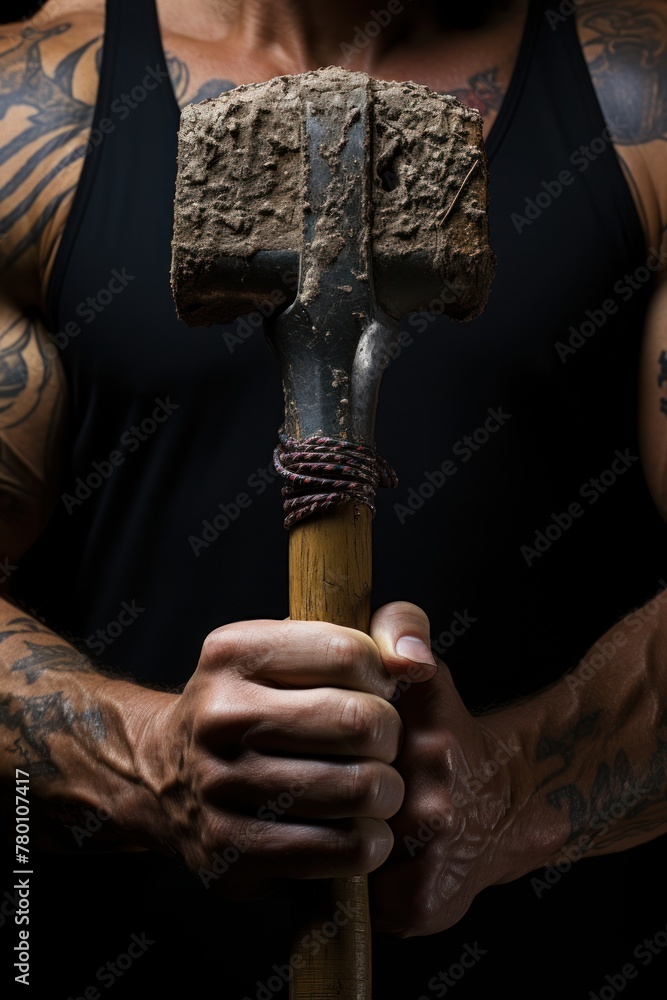 A man with tattoos is holding a large hammer with both hands.