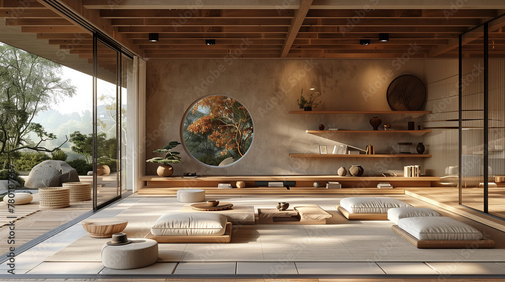A serene living space blending modern minimalism with traditional Japanese decor, featuring sleek wooden furniture against a backdrop of warm neutral tones
