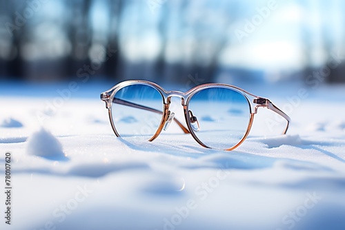 Glasses in the snow on a background of winter forest and blue sky