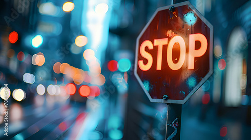 Defocused stop sign traffic regulations with traffic lights on the street 