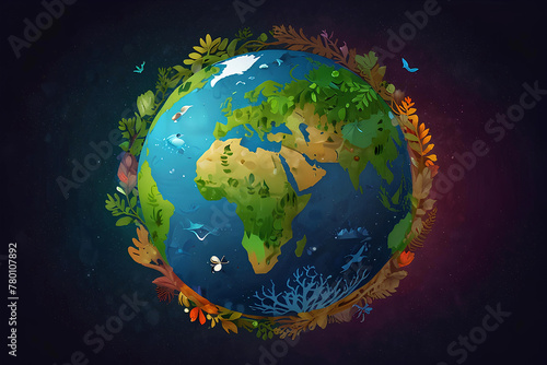 Invest in our planet. Earth day 2023 concept background. Ecology concept. Design with globe map drawing and leaves isolated on white background.