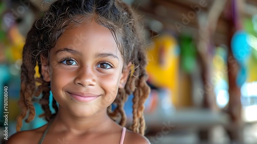 children of belize, Portrait of a smiling young girl with curly hair in a colorful background, looking at the camera with cheerful eyes. 