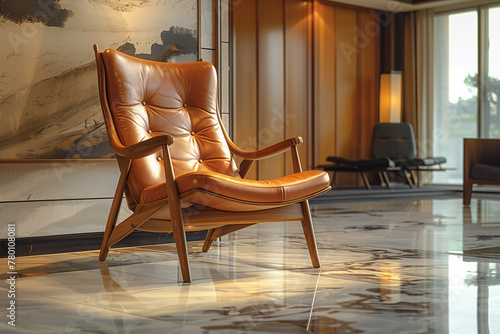 Against the backdrop of a midnight hue, a solitary wooden armchair stands as a beacon of modern design, inviting repose and contemplation in a serene living space-1